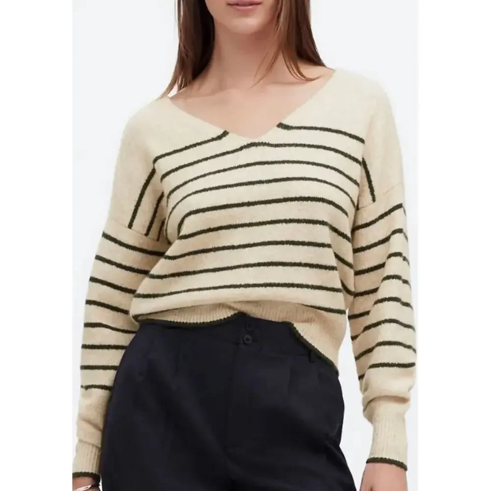 Madewell Merino Wool Oatmeal & Dark Green Striped V Neck Sweater Women’s Small - Picture 1 of 12